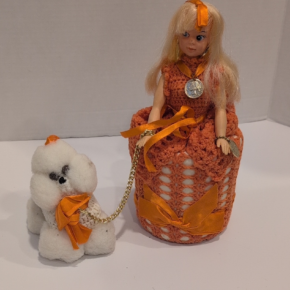 Vintage Crochet toilet Paper Doll with Soap White Poodle